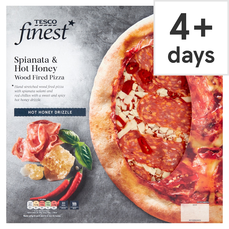 Tesco Finest Spianata And Hot Honey Wood Fired Pizza 465G