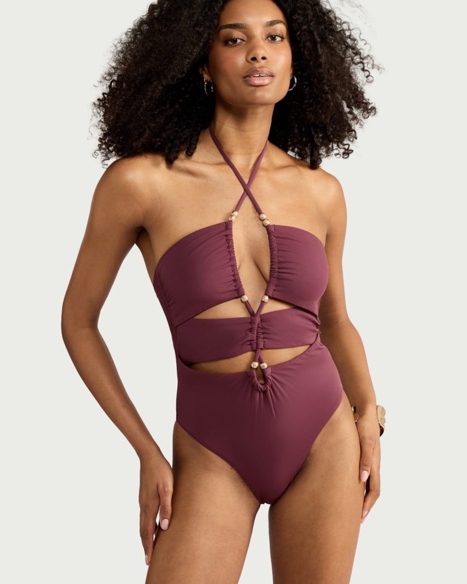 image 1 of F&F Cut Out Beaded Halterneck Swimsuit in Purple