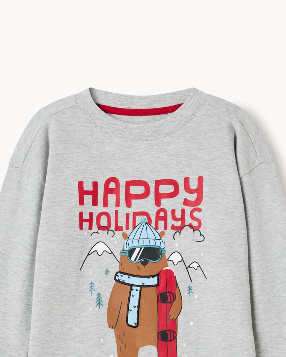 image 1 of Christmas Boys Cotton Rich Happy Holidays Checked Pyjama Set in Grey