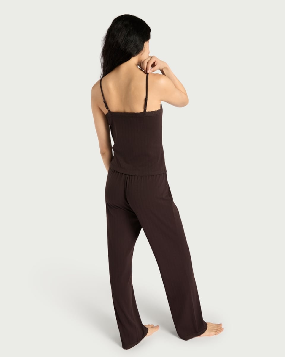 image 1 of F&F 2-Piece Textured Lace Trim Pyjama Set in Chocolate