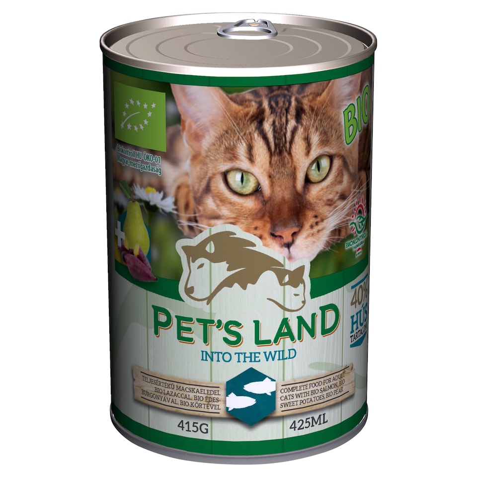 Pet's Land teljesértékű macskaeledel bio lazaccal, bio édesburgonyával, bio körtével 415 g