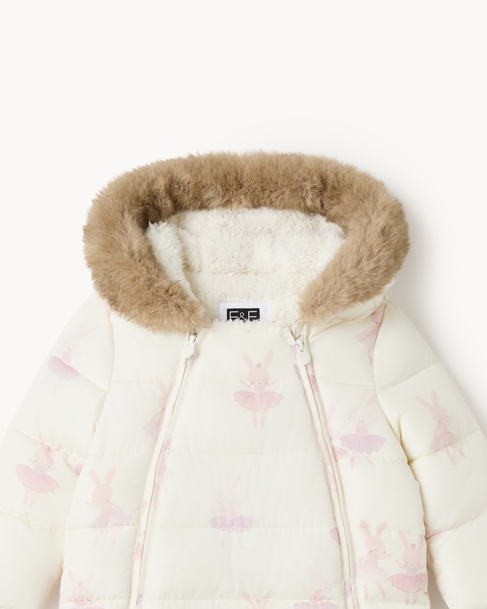 image 1 of F&F Baby Bunny Printed Padded Pramsuit in Cream