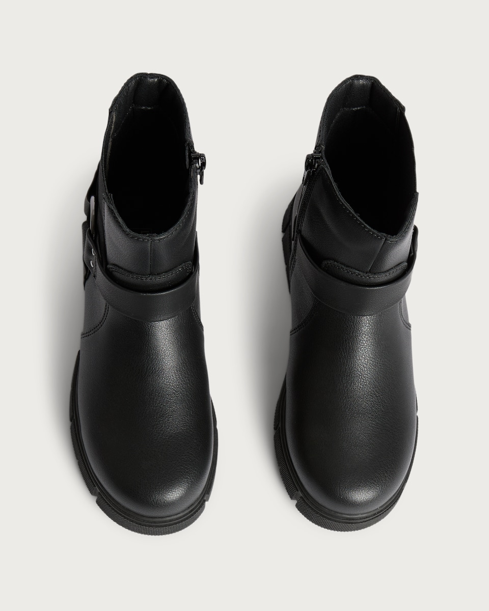 image 1 of F&F Girls Strap Buckle Detail Chunky Ankle Boots in Black
