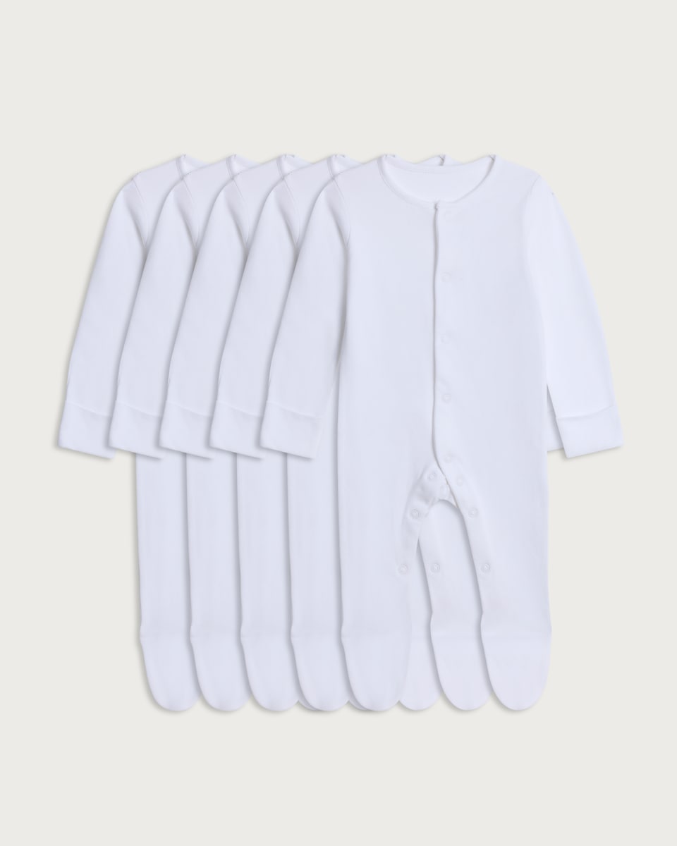 image 1 of F&F Baby 5-Pack Pure Cotton Long Sleeved Sleepsuits in White