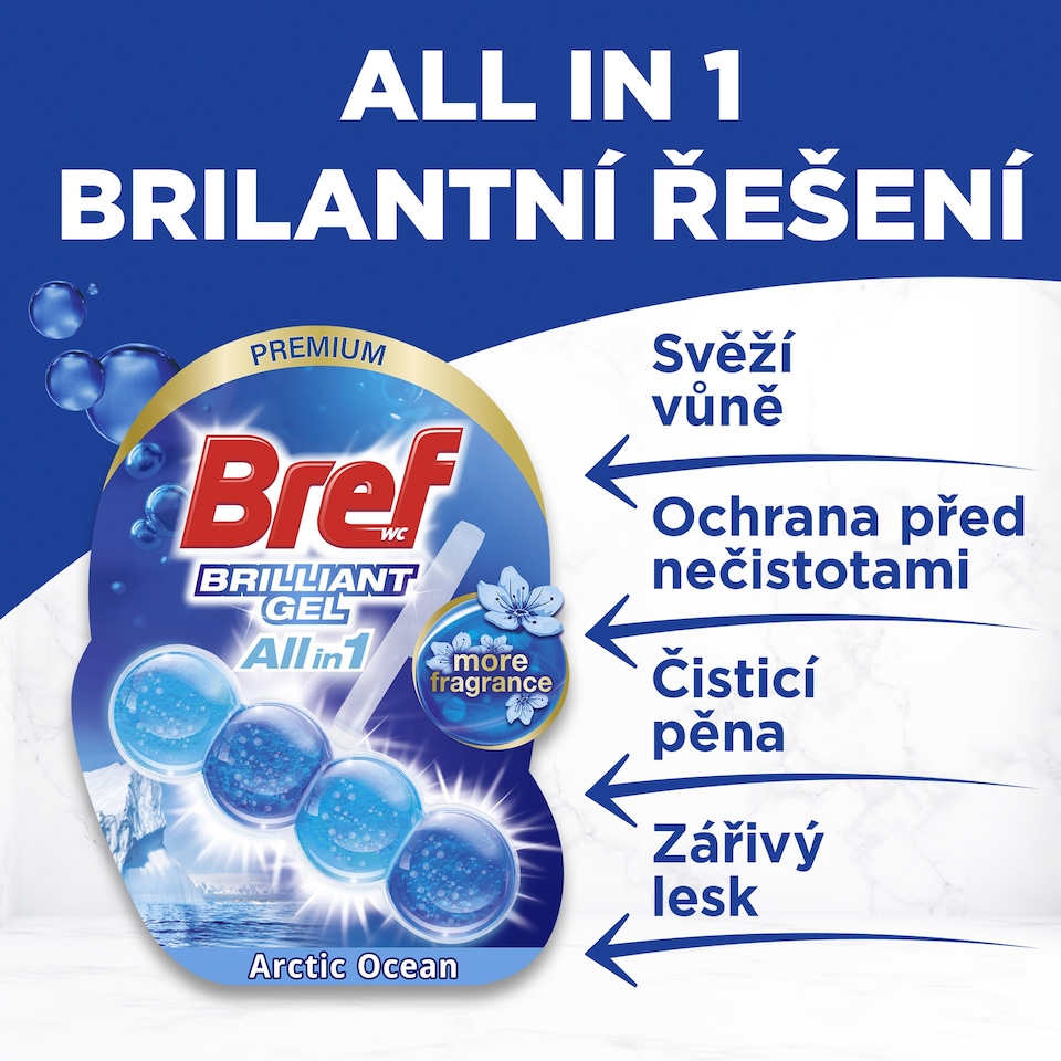 Obrázek 1 pro produkt Bref Brilliant Gel All in 1 Artic Ocean tuhý WC blok 3 x 42g