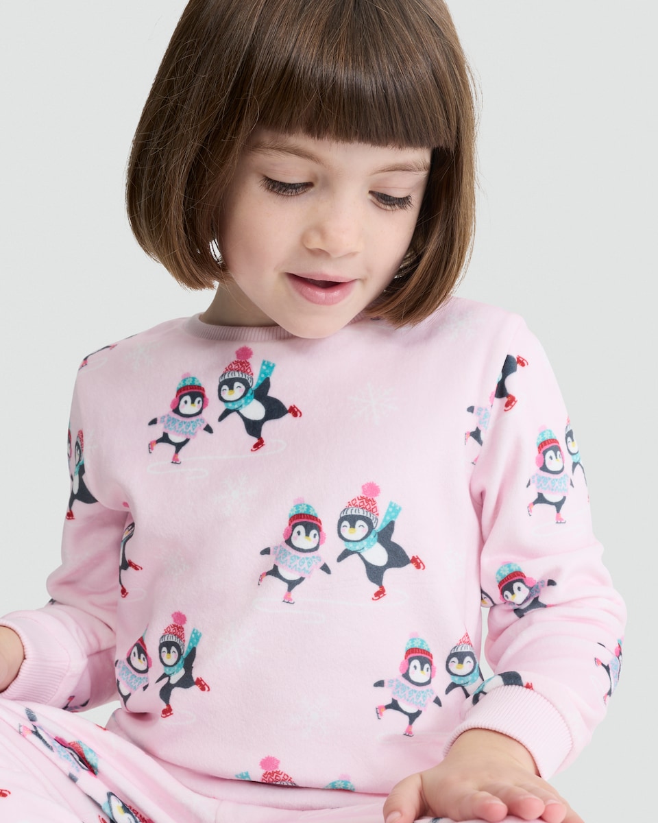 image 1 of F&F Girls Minky Fleece Penguin Print Pyjama Set in Pink