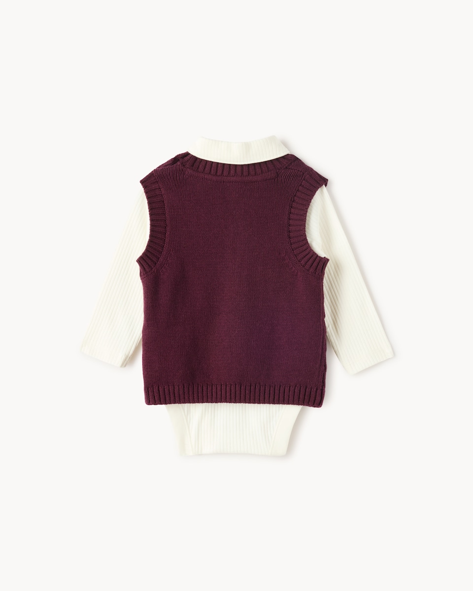 image 1 of F&F Baby Cotton Rich Knitted Vest, Bodysuit and Trousers Set in Burgundy