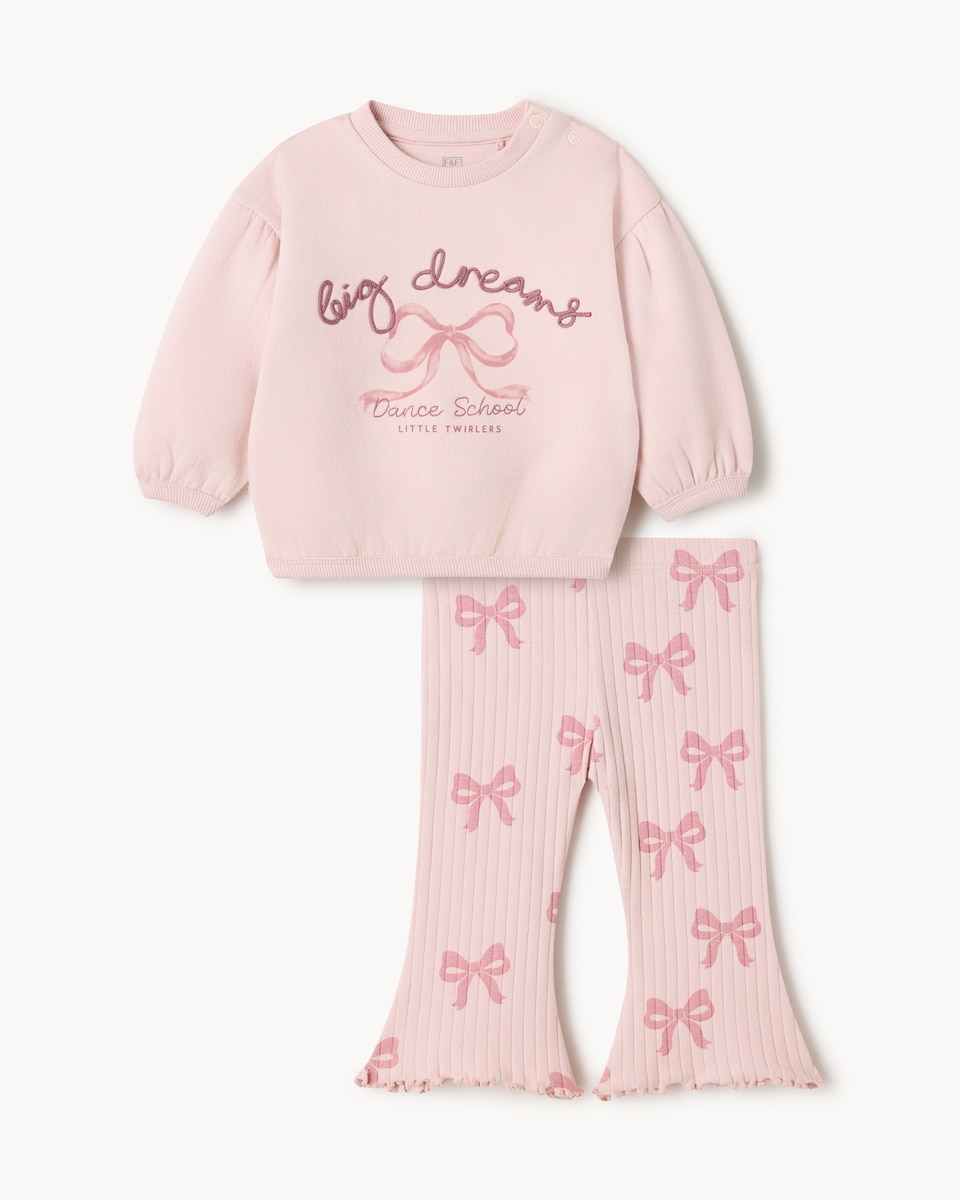 image 1 of F&F Baby Cotton Rich Sweatshirt and Flared Leggings in Pink
