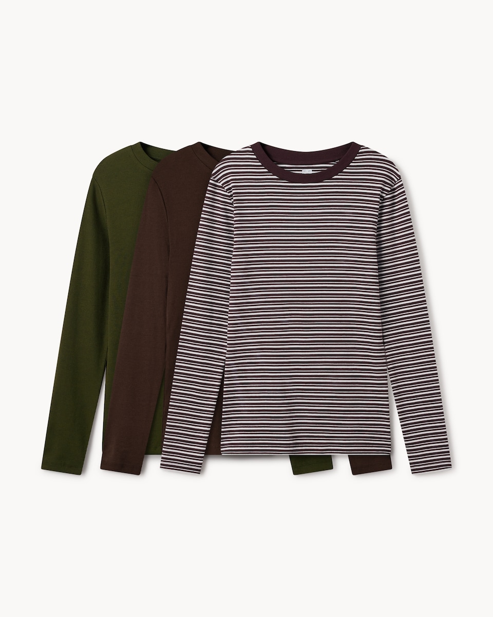 image 1 of F&F 3-Pack Cotton Rich Long Sleeved Tops in Multi Green
