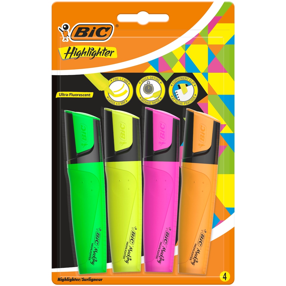 BIC Flat Highlighter Assorted 4pk