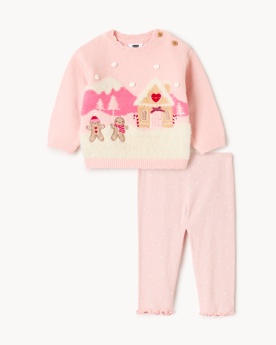image 1 of Christmas Baby Gingerbread House Jumper and Leggings Set in Pink