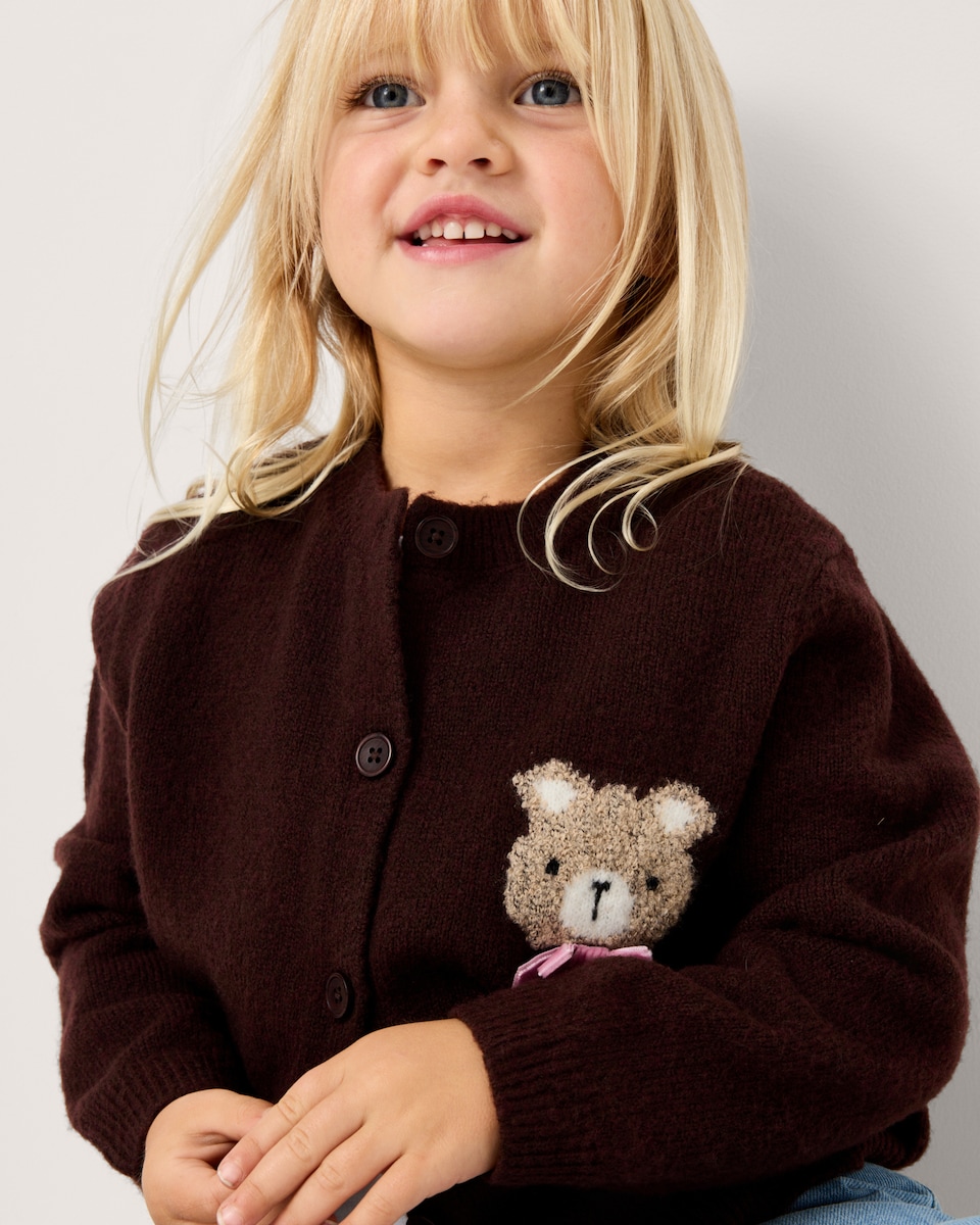 image 1 of F&F Girls Bear Cardigan in Brown
