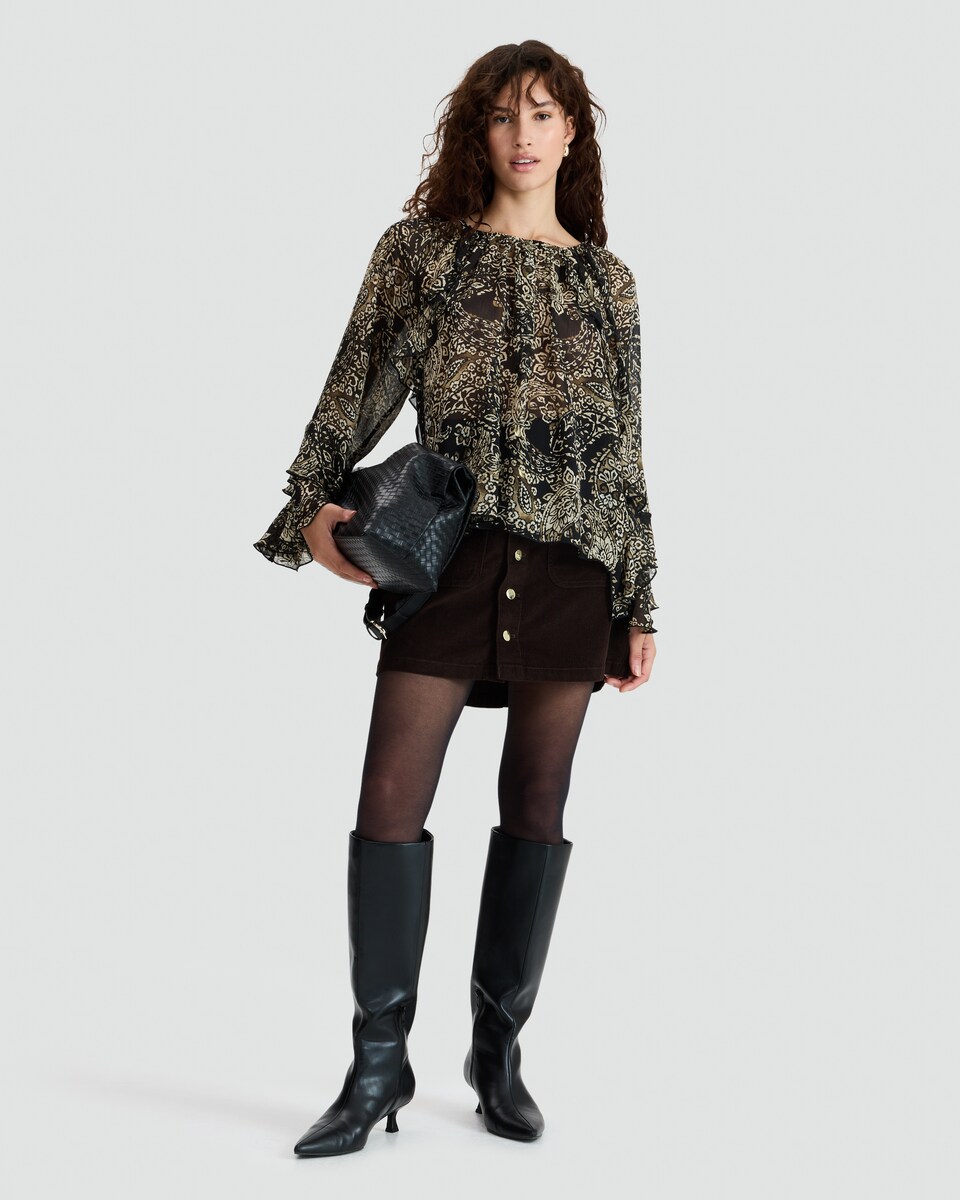 image 1 of F&F Paisley Print Ruffle Blouse in Multi Black White