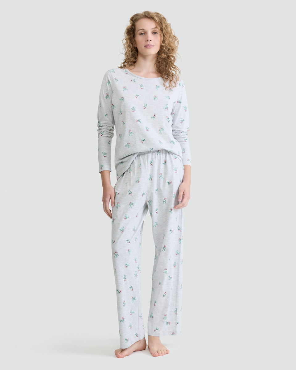 image 1 of F&F Cotton Rich Mistletoe Print Top and Bottoms PyjamasvSet in Grey