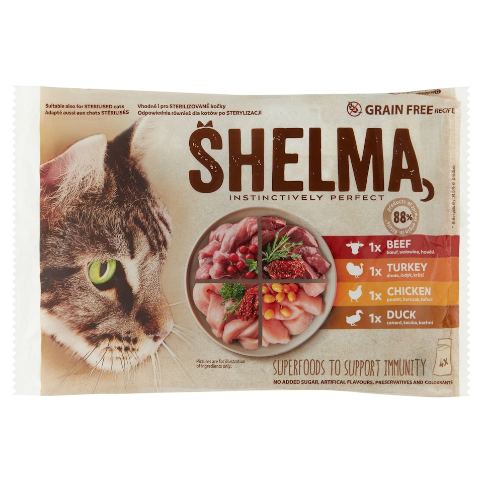 Shelma nedves macskaeledel, macskatáp felnőtt macskának gabonamentes párolt filé alutasakos 4 x 85 g 1. kép