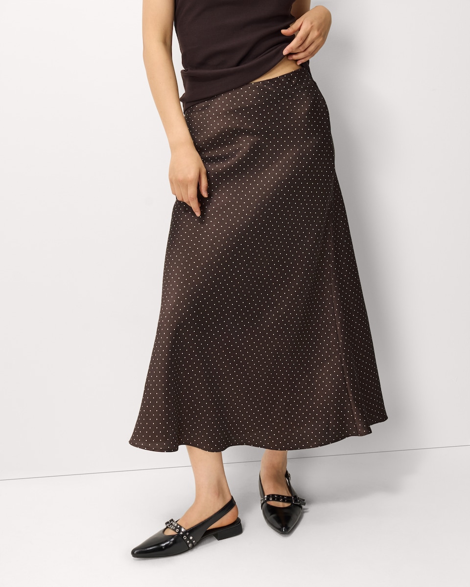 image 1 of F&F Satin Polka Dot Midi Skirt in Chocolate