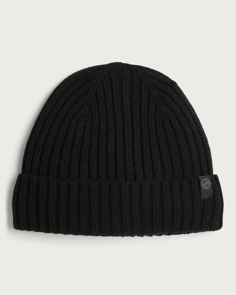 image 1 of F&F Fleece Lined Ribbed Knit Beanie Hat in Black