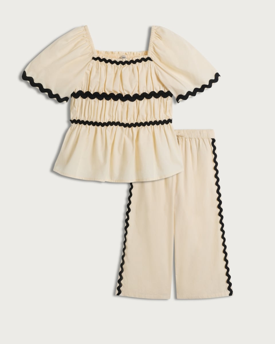 image 1 of F&F Girls 2-Piece Pure Cotton Contrast Trim Top and Trousers Set in Cream