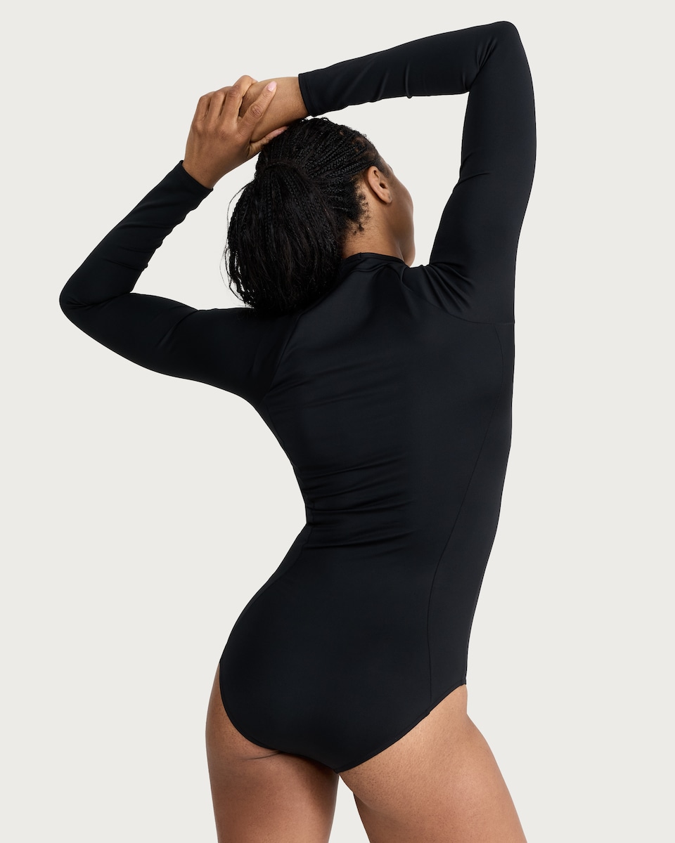 image 1 of F&F Active ULTRASWIM Zip Front Long Sleeved Swimsuit in Black