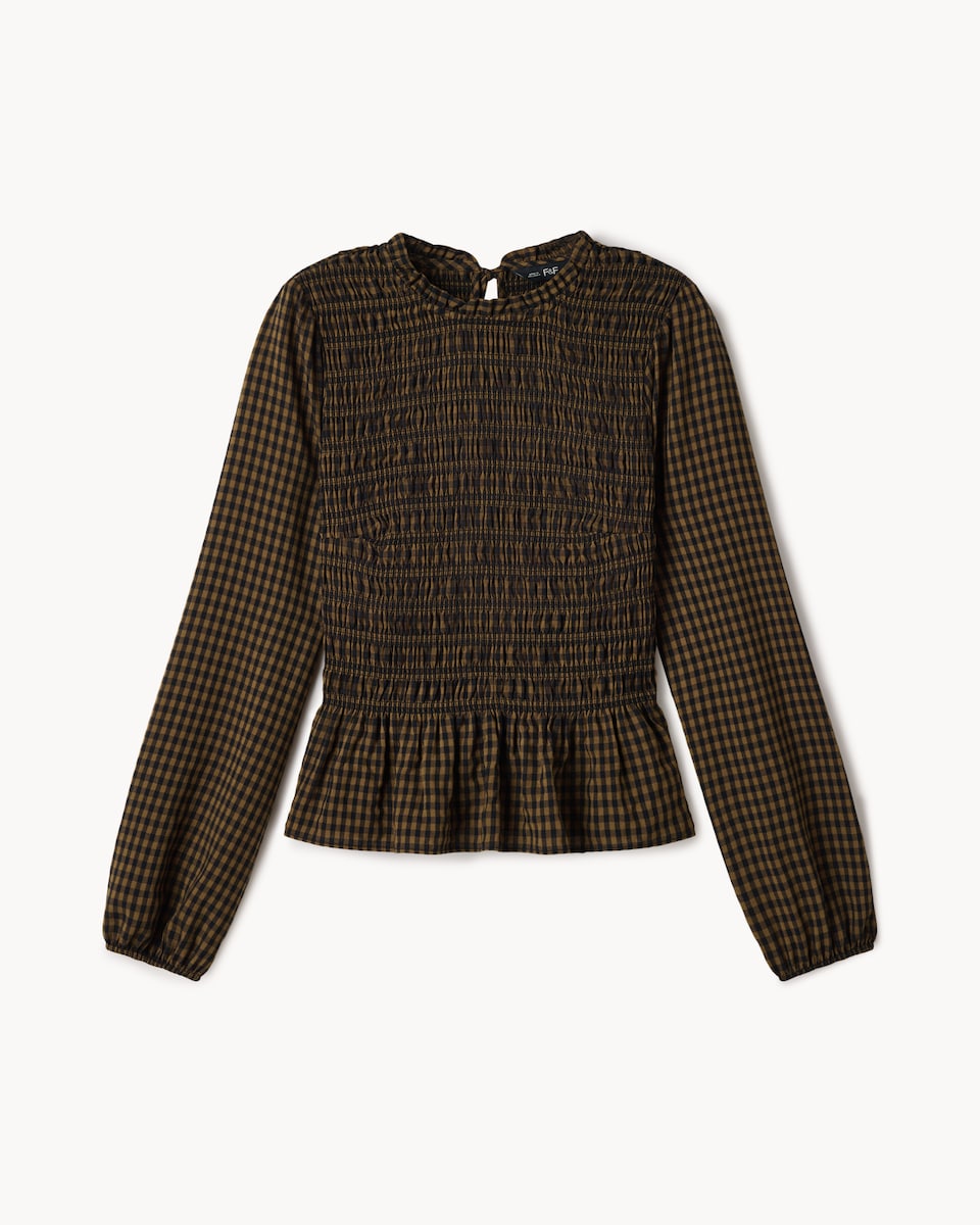 image 1 of F&F Shirred Peplum Top in Multi Brown