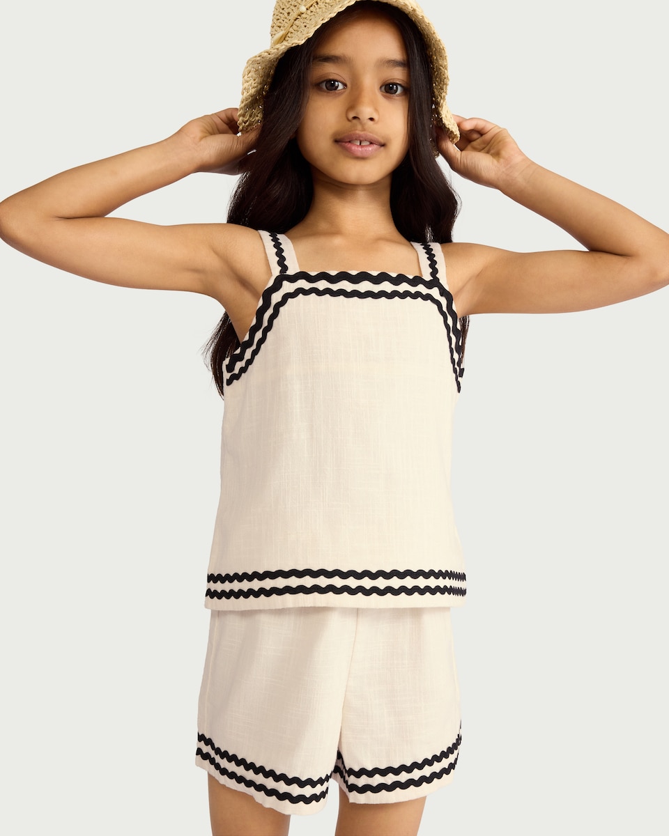 image 1 of F&F Girls 2-Piece Pure Cotton Contrast Trim Top and Shorts Set in Cream