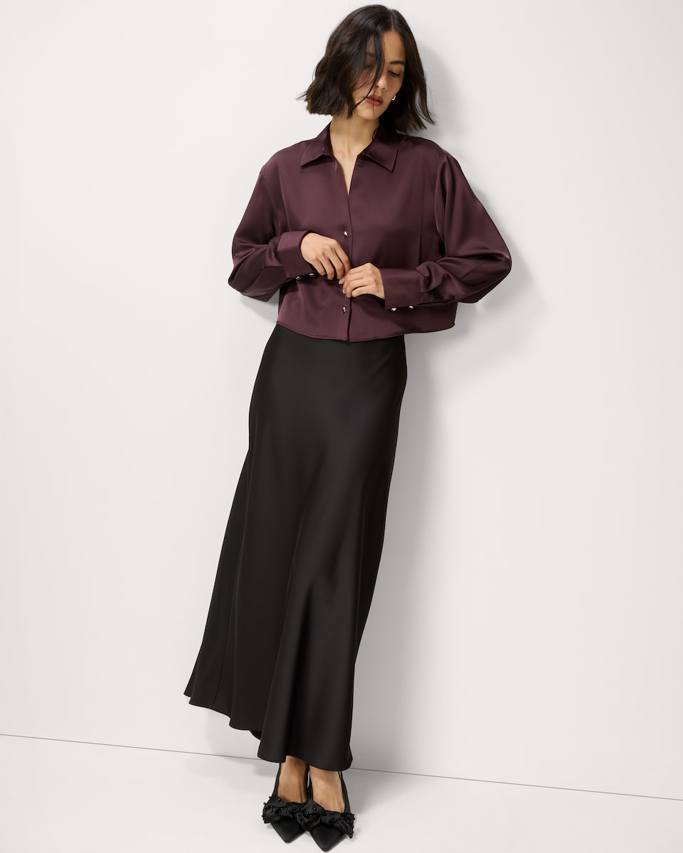 image 1 of F&F Satin Cropped Shirt in Burgundy