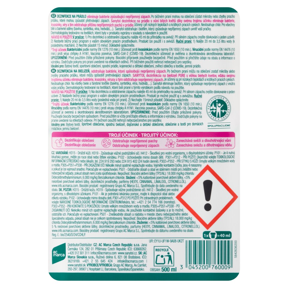 image 1 of Sanytol Disinfection for Linen with the Scent of White Flowers 500ml
