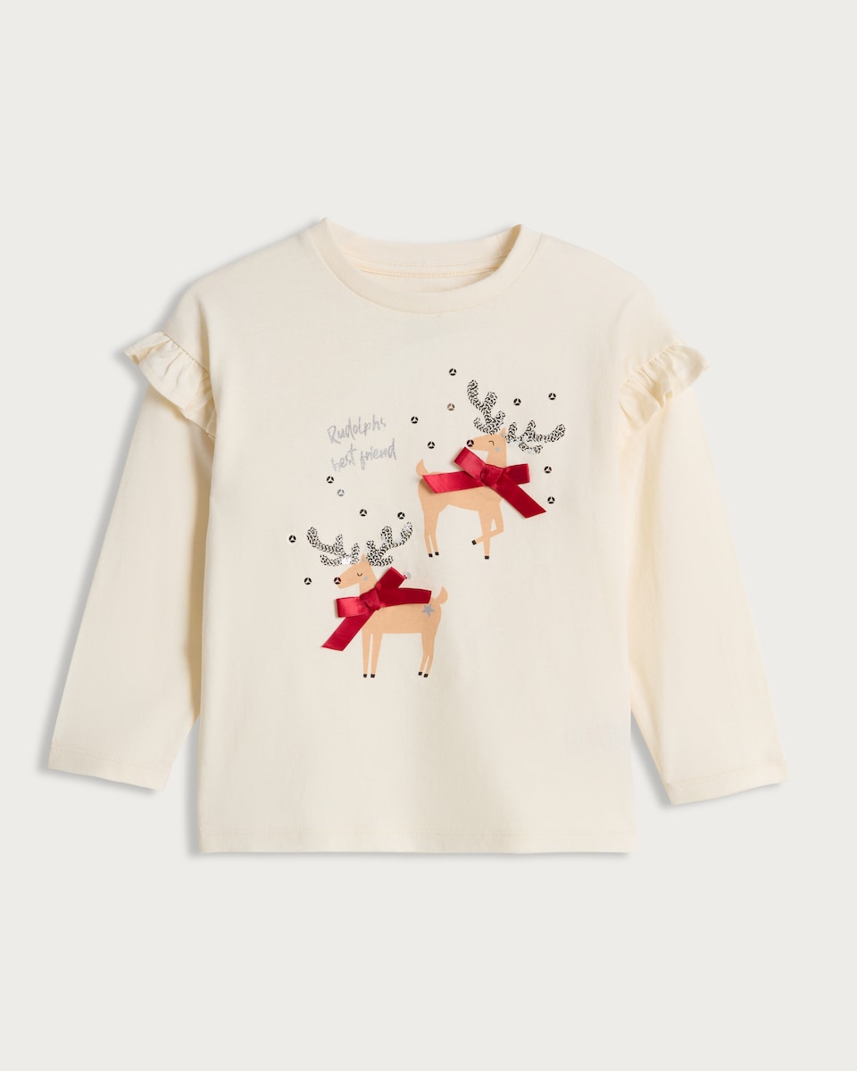 F&F Girls Pure Cotton Rudolph’s Best Friend Long Sleeved Top in Cream