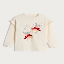 F&F Girls Pure Cotton Rudolph’s Best Friend Long Sleeved Top in Cream