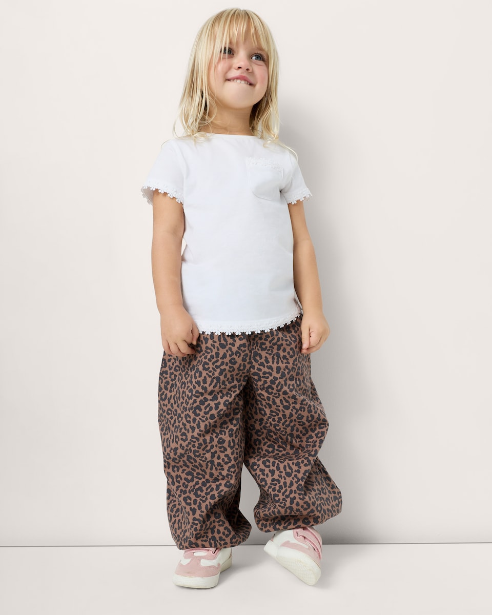 image 1 of F&F Girls Pure Cotton Leopard Print Balloon Leg Trousers in Multi Brown