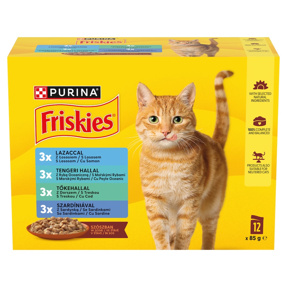Purina Friskies szószban lazaccal/tengeri hallal/szardíniával/tőkehallal nedves macskaeledel 12x85 g
