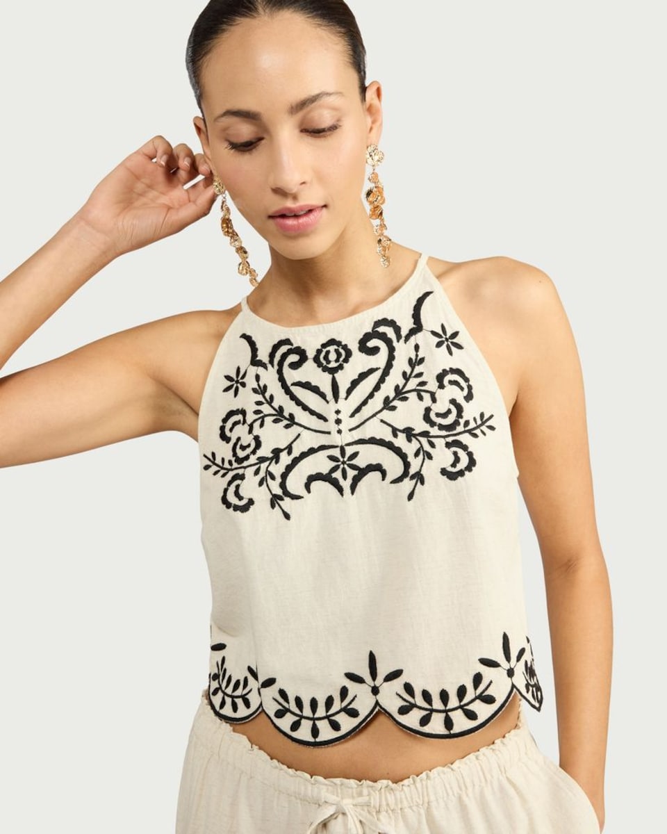 image 1 of F&F Embroidered Scallop Hem Sleeveless Co-ord Top with Linen in Cream