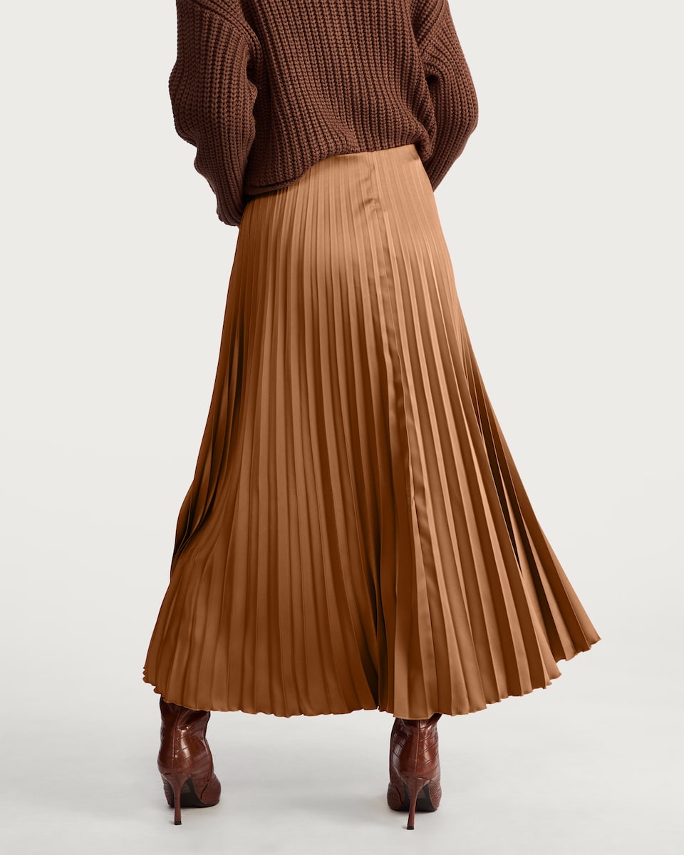 image 1 of The F&F Edit Satin Pleated Midi Skirt in Camel