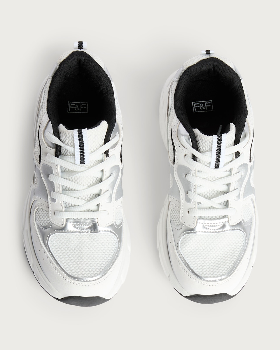 image 1 of F&F Girls Mesh Panel Lace-Up Trainers in Multi White