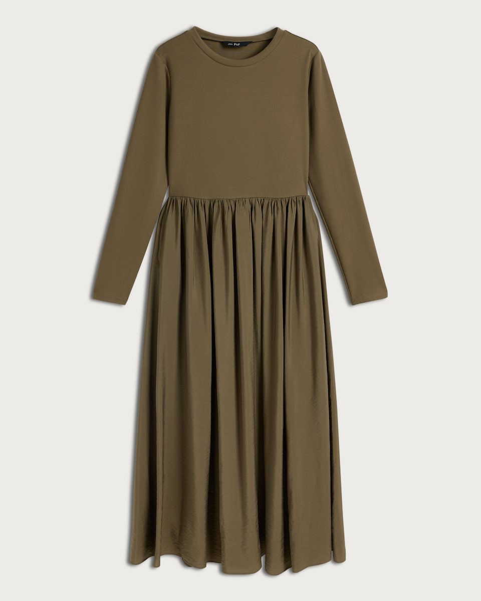 image 1 of F&F Gathered Waist Long Sleeved Midi Dress in Khaki