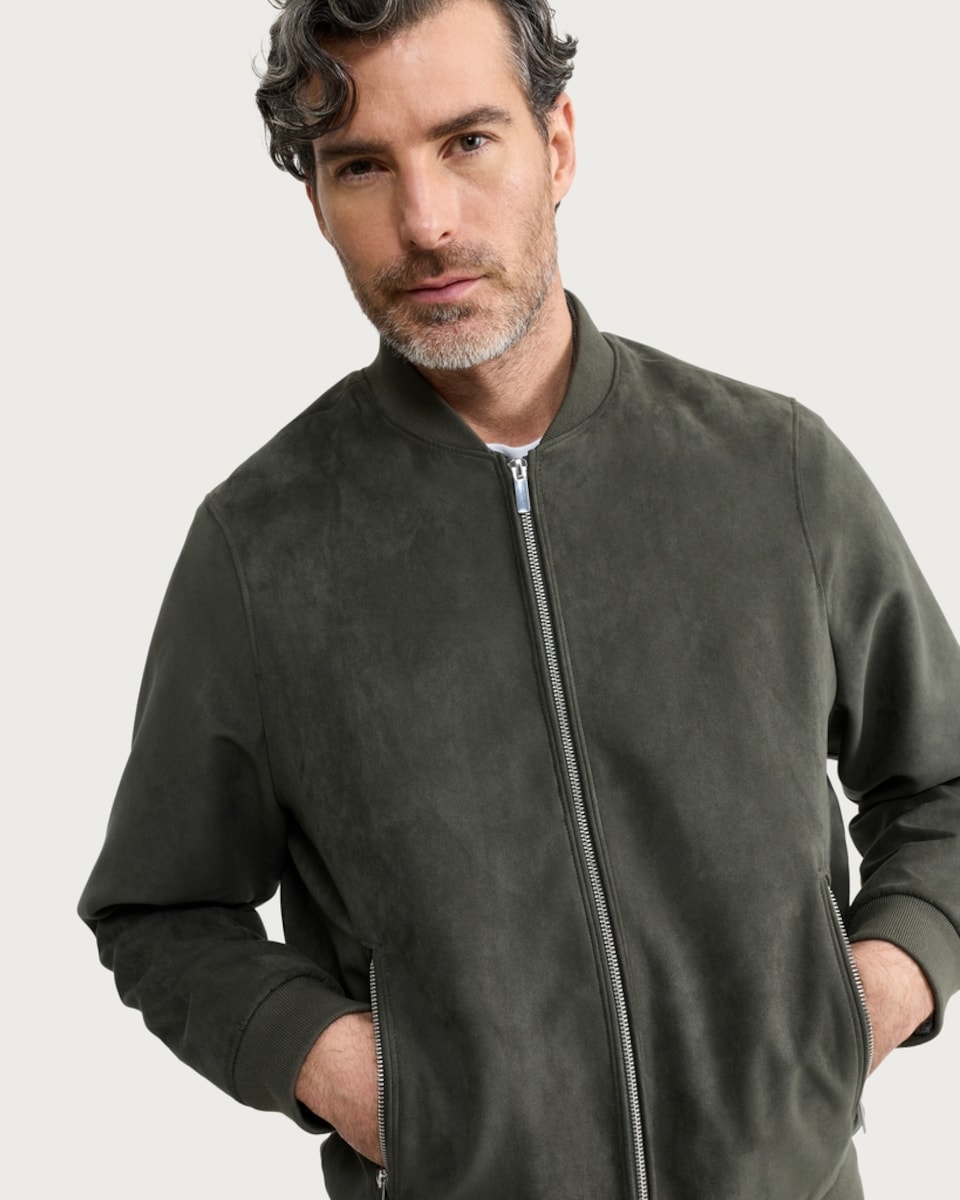 image 1 of The F&F Edit Faux Suede Zip Up Bomber Jacket in Khaki