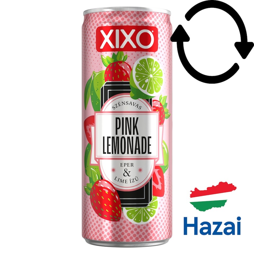 XIXO Pink Lemonade eper- és limeízű, szénsavas üdítőital cukorral és édesítőszerrel 250 ml