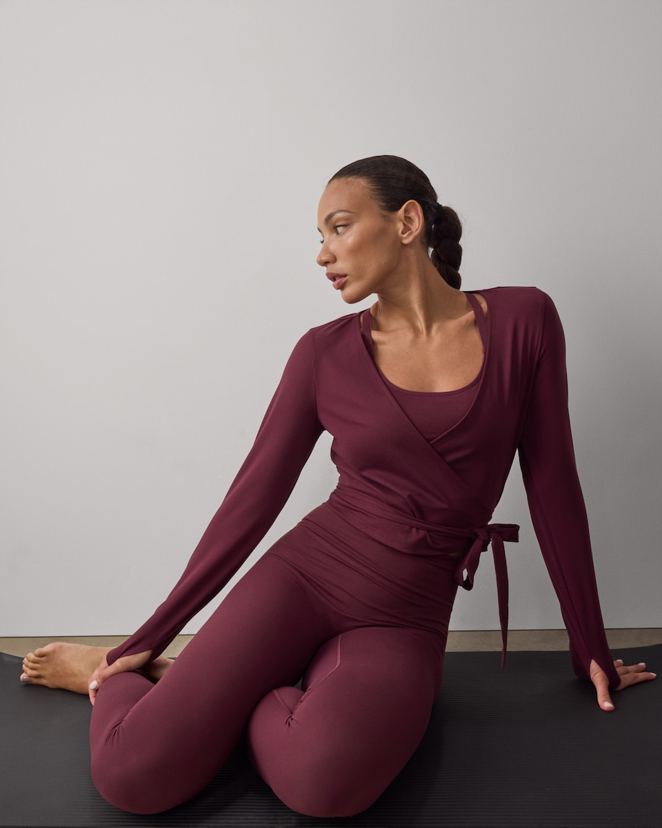 image 1 of F&F Active ULTRASTRETCH Wrap Long Sleeved Top in Burgundy