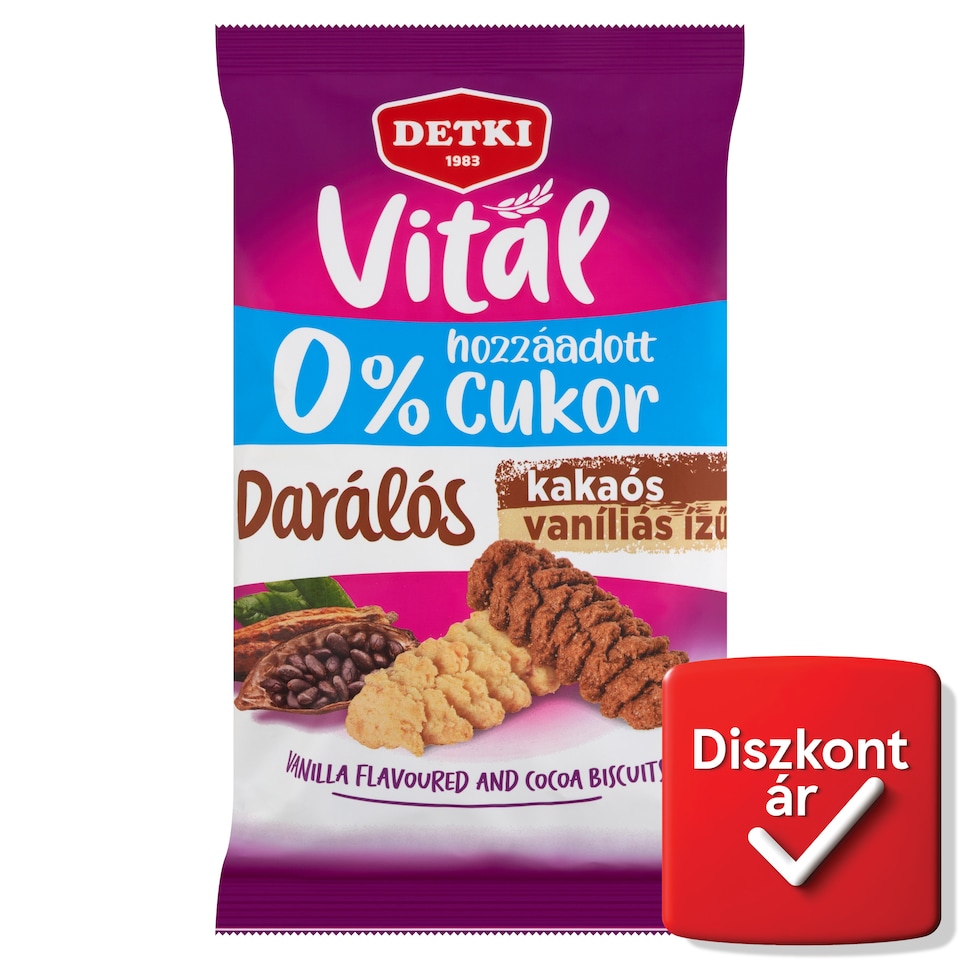 Detki Vital darálós kakaós-vaníliás ízű keksz hozzáadott cukor nélkül, édesítőszerekkel 180 g  1. kép