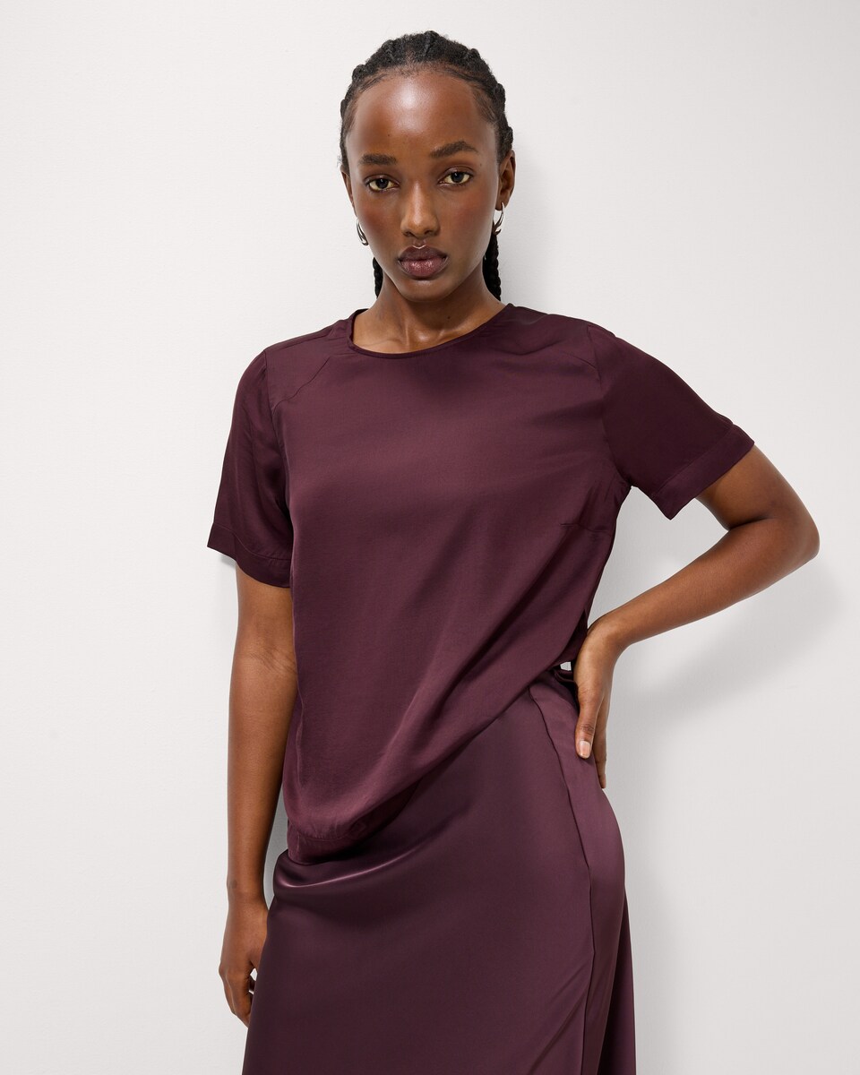 image 1 of F&F Satin Short Sleeved Top in Burgundy