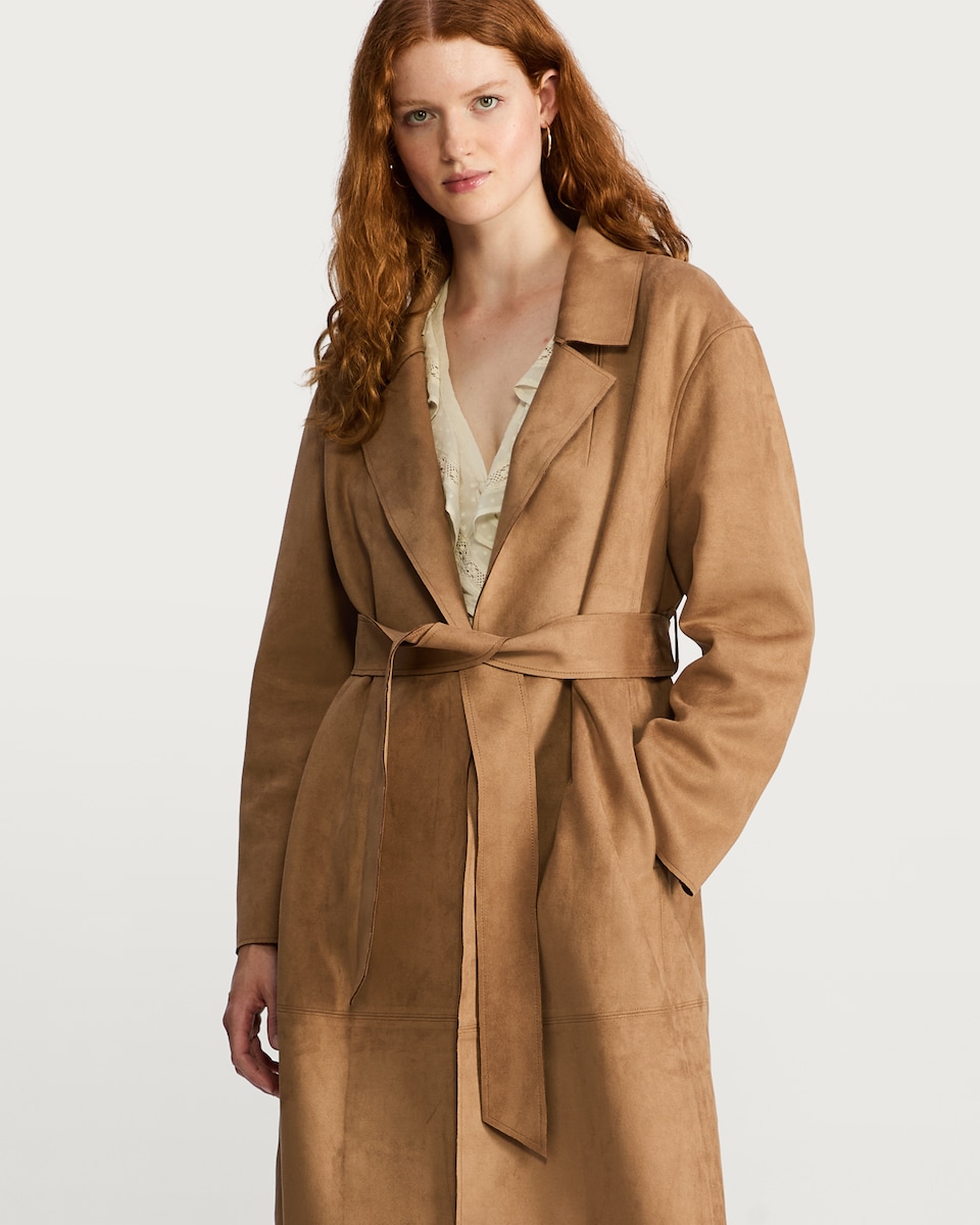 image 1 of F&F Faux Suede Trench Coat in Brown
