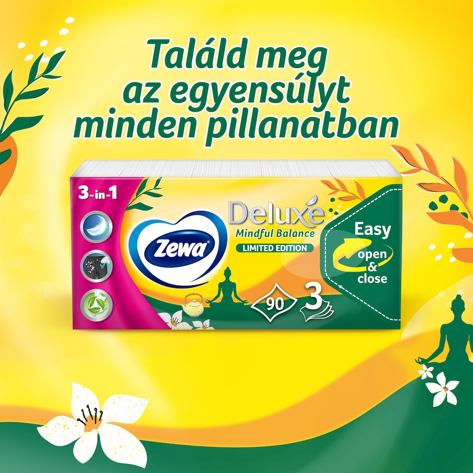 Zewa Deluxe Mindful Balance 3-in-1 illatosított papír zsebkendő 3 rétegű 90 db  1. kép