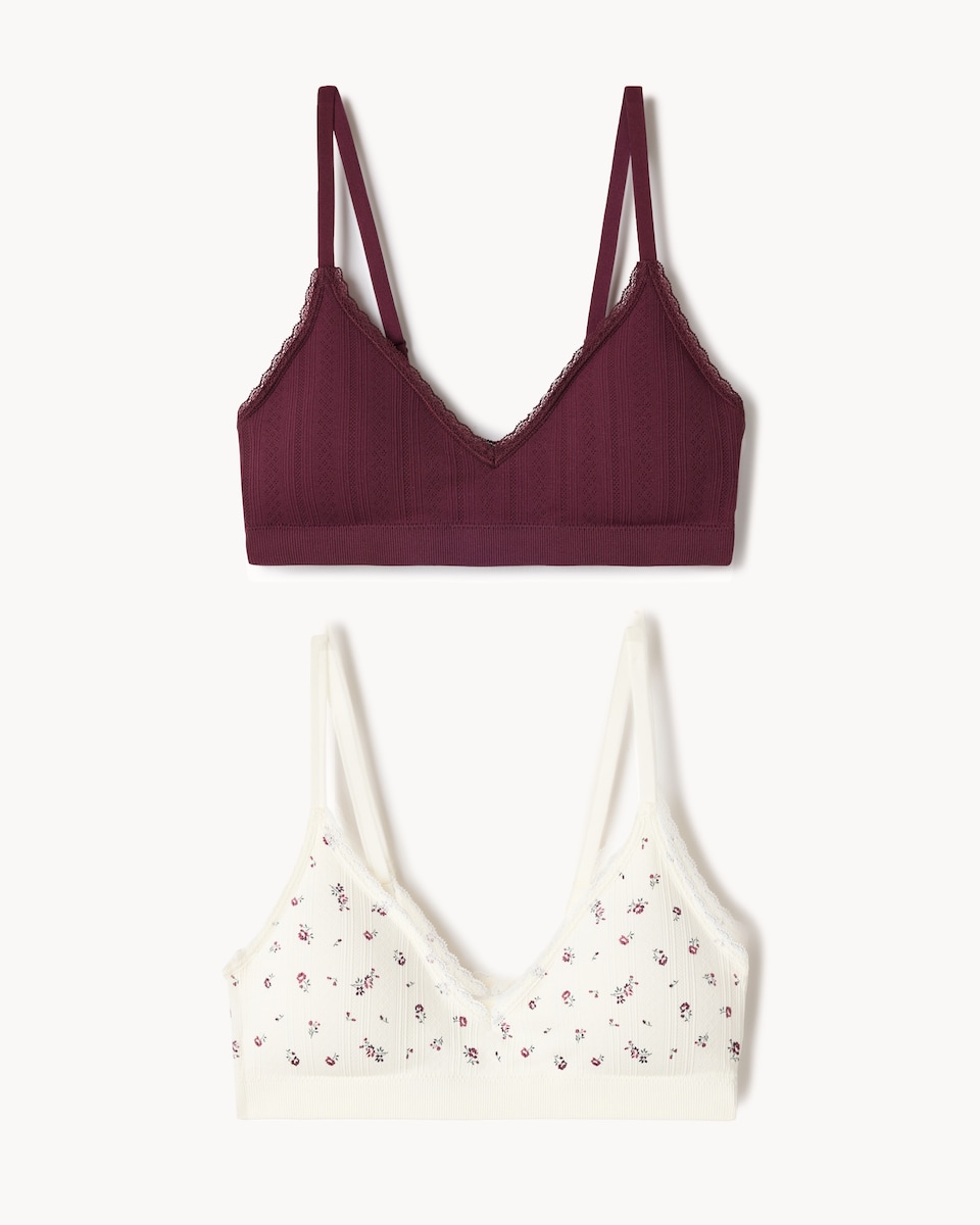 image 1 of F&F 2-Pack Seamfree Pointelle Lace Trim Non Wired Crop Tops in Multi