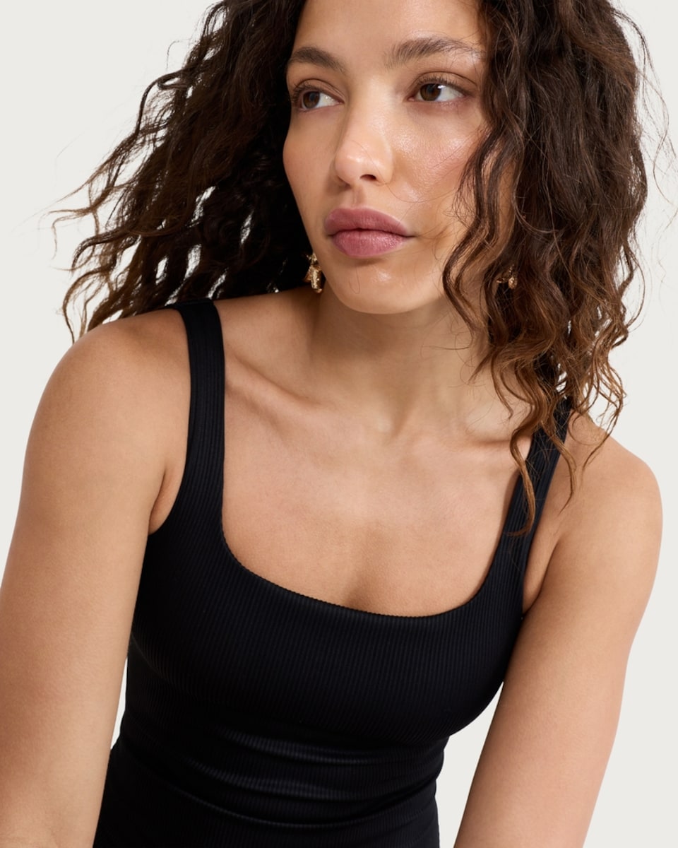 image 1 of F&F Ribbed Square Neck Swimsuit in Black