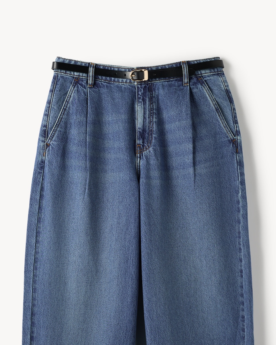 image 1 of F&F High Rise Relaxed Fit Belted Jeans in Navy