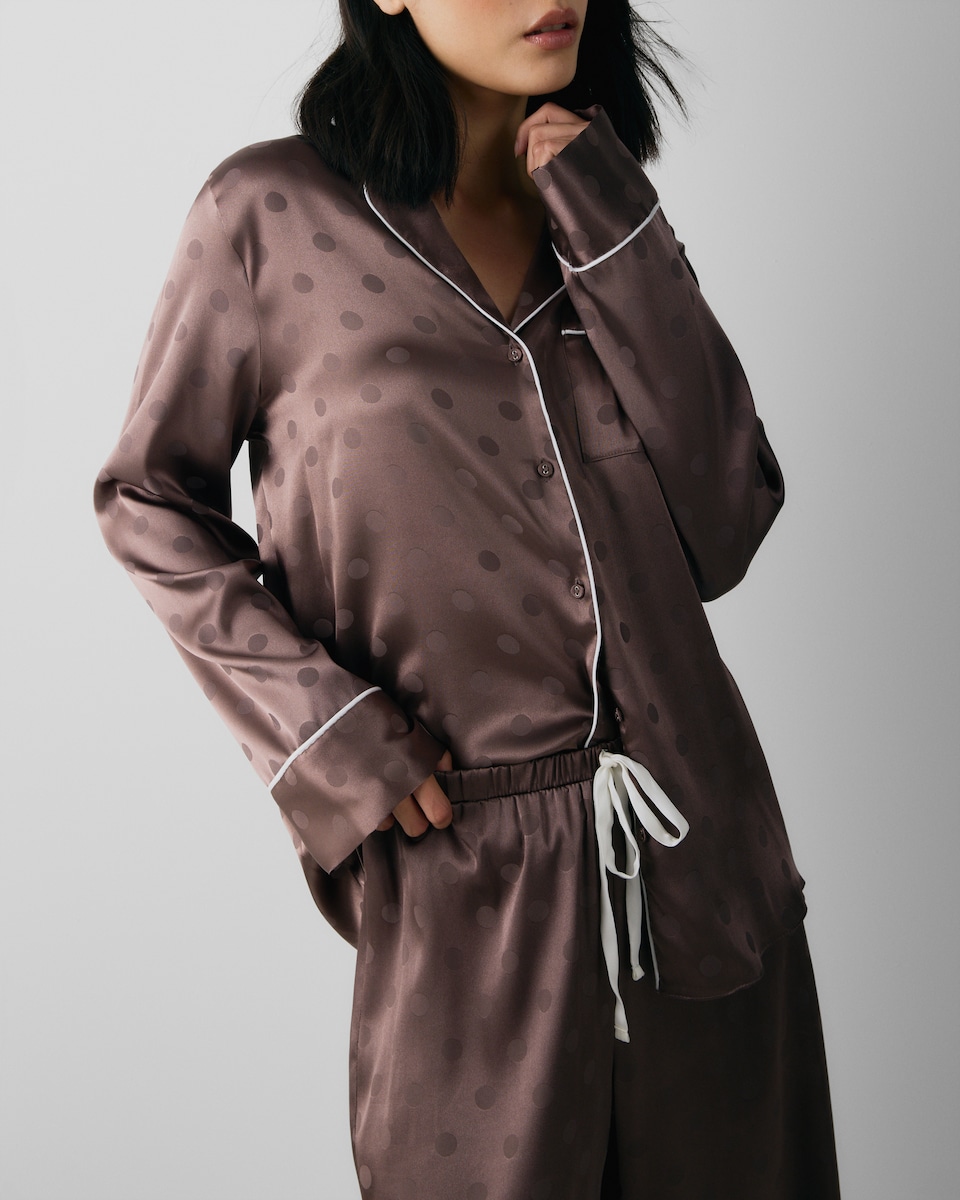 image 1 of F&F CoolEase™ Satin Polka Dot Pyjama Set in Brown