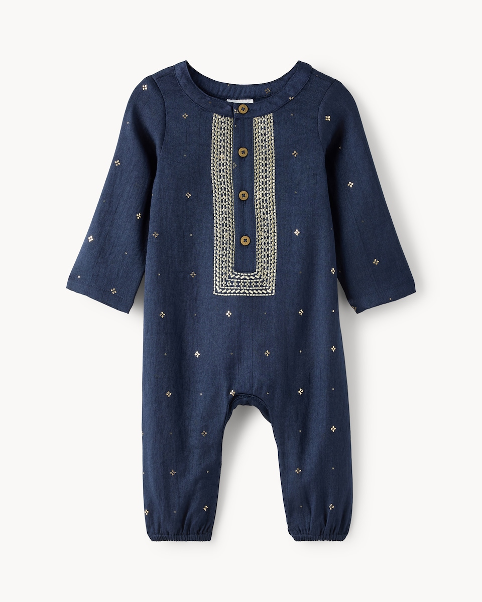 image 1 of F&F Baby Embroidered Diwali Romper in Navy