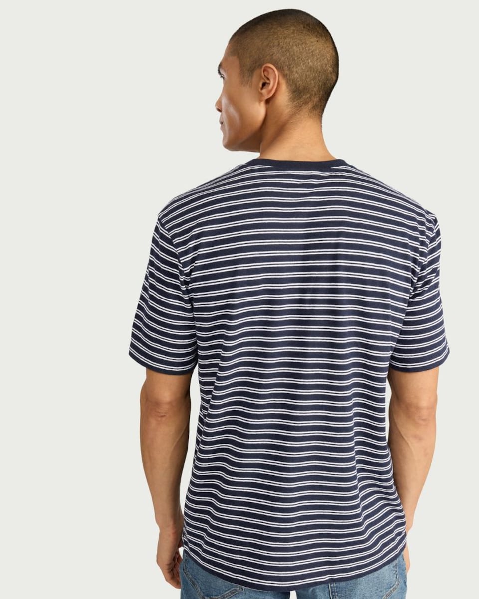 image 1 of The F&F Edit Linen Rich Striped T-Shirt in Navy
