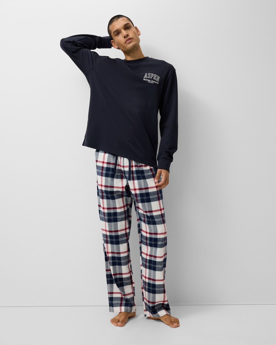 image 1 of F&F Pure Cotton Checked Pyjama Set in Navy