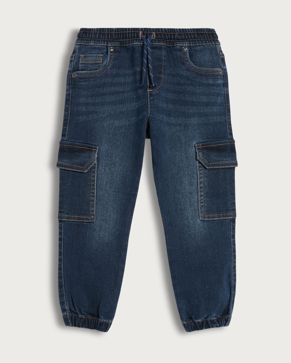 image 1 of F&F Boys Cotton Rich Denim Cuffed Cargo Jeans in Navy